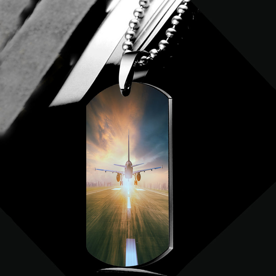 Airplane Flying Over Runway Designed Metal Necklaces