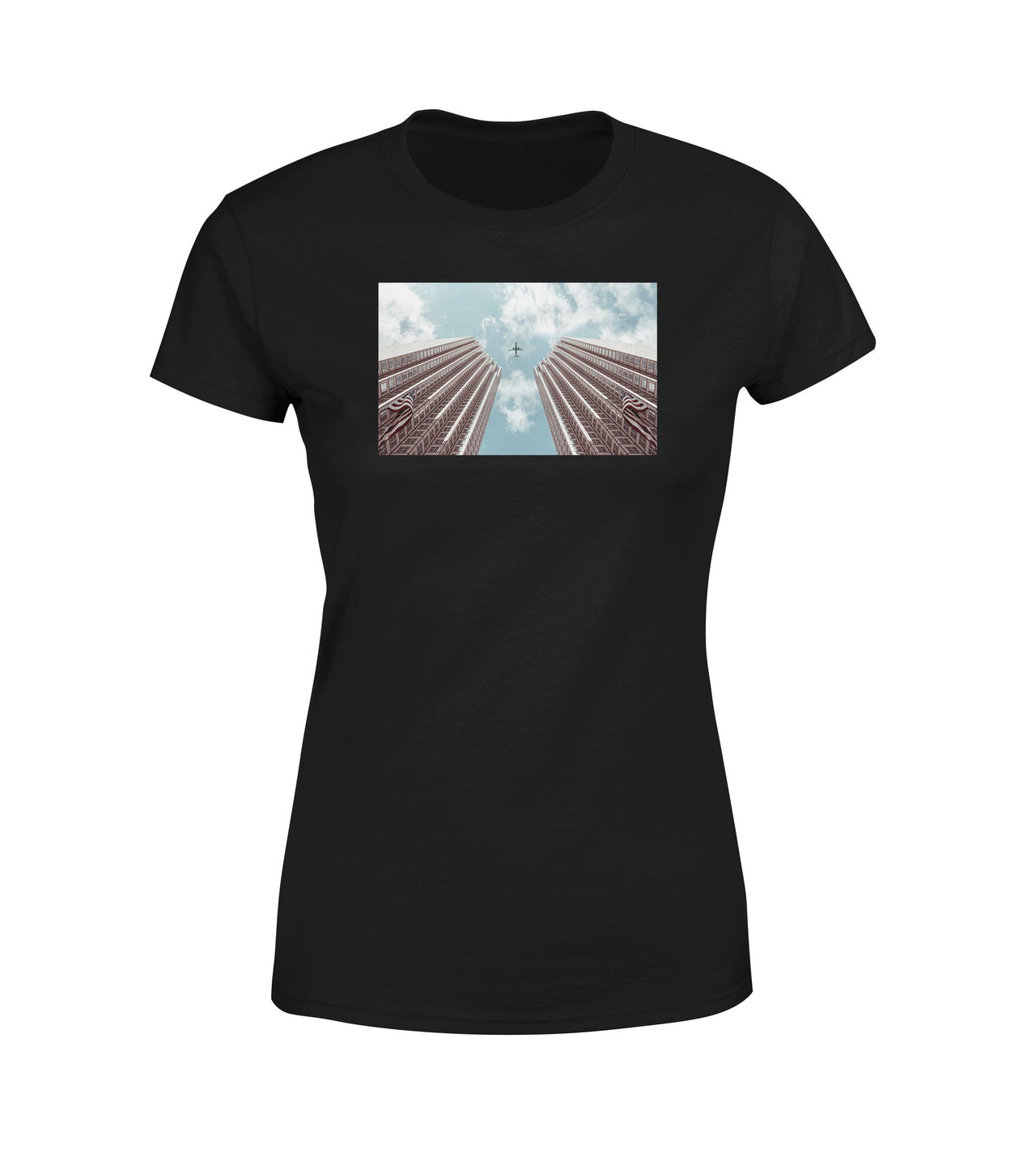 Airplane Flying over Big Buildings Designed Women T-Shirts
