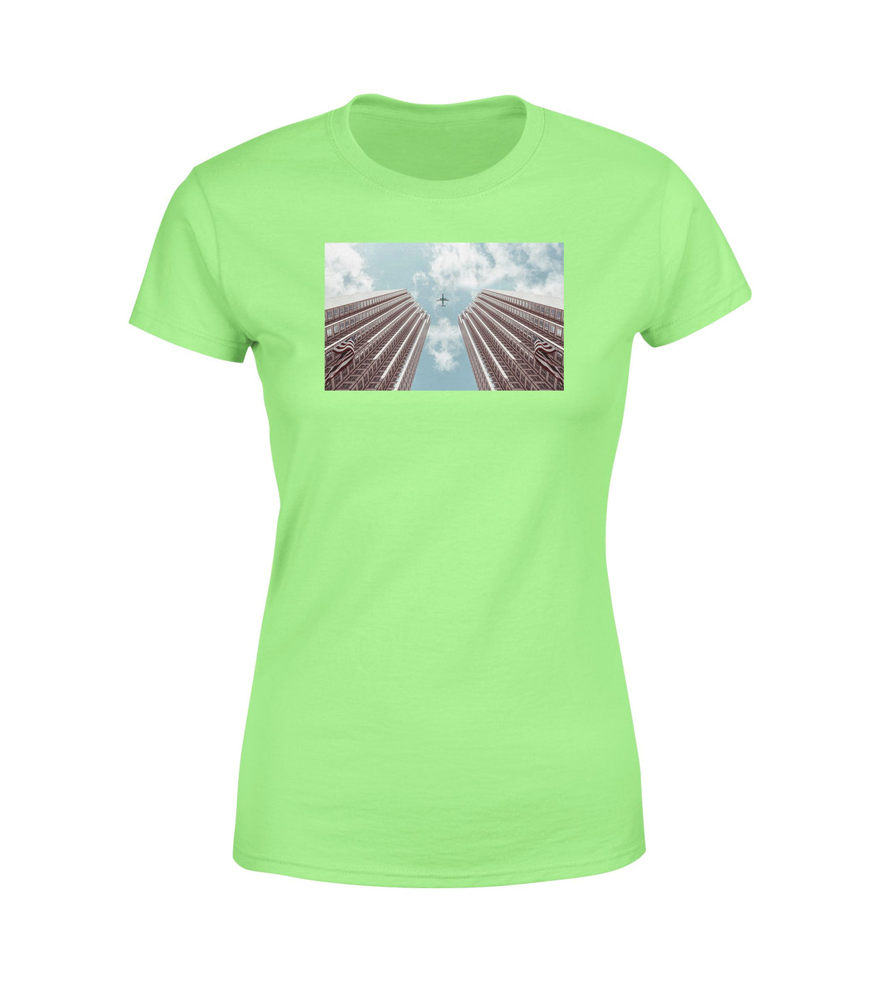 Airplane Flying over Big Buildings Designed Women T-Shirts