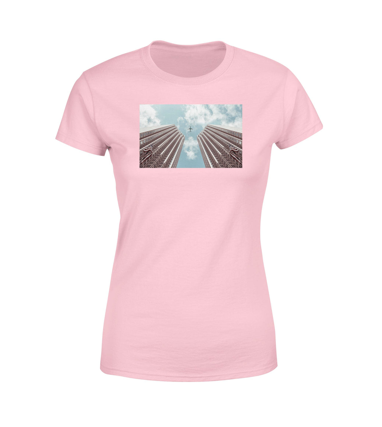 Airplane Flying over Big Buildings Designed Women T-Shirts
