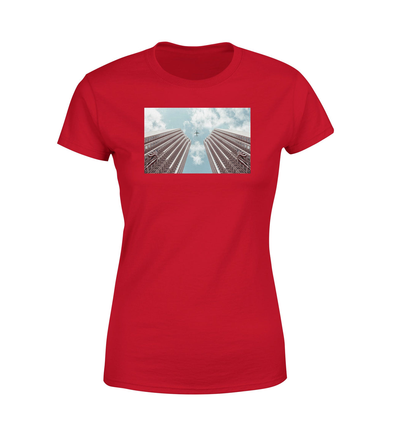 Airplane Flying over Big Buildings Designed Women T-Shirts