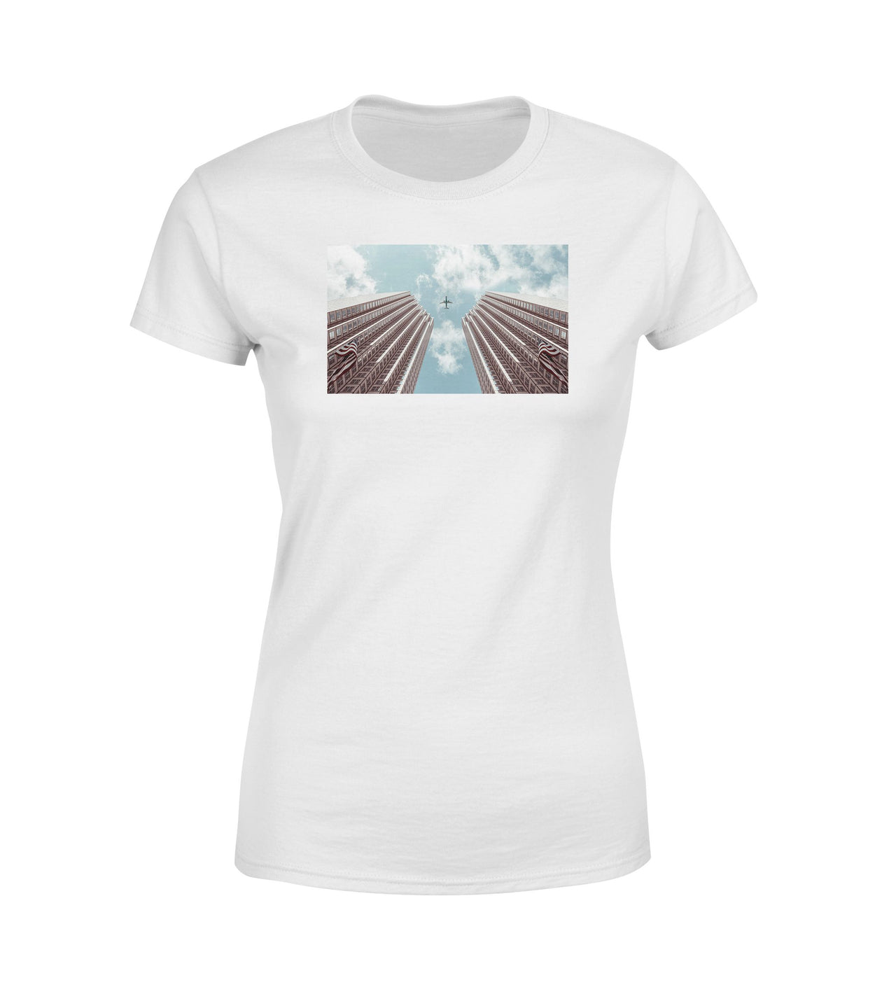 Airplane Flying over Big Buildings Designed Women T-Shirts