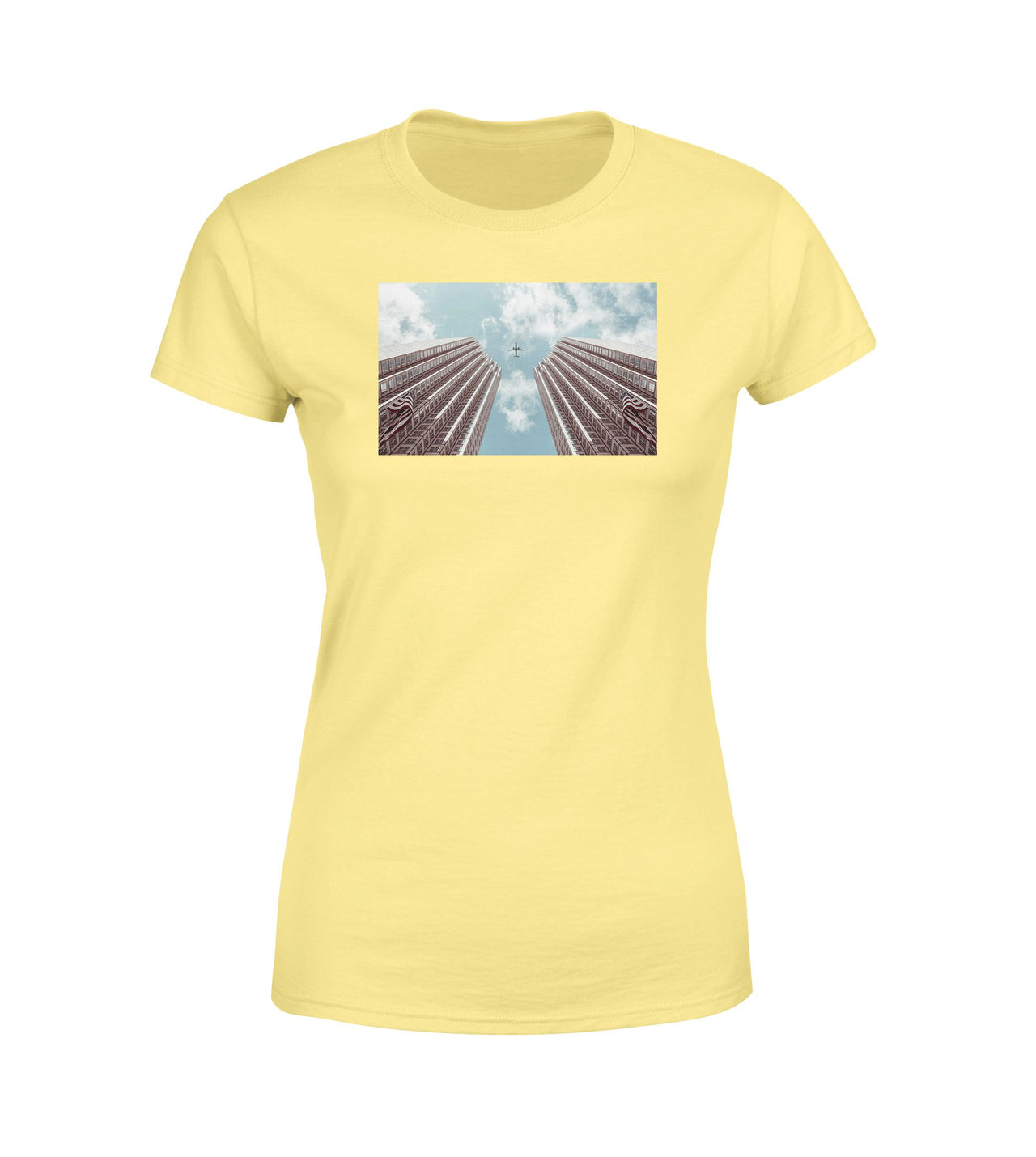 Airplane Flying over Big Buildings Designed Women T-Shirts