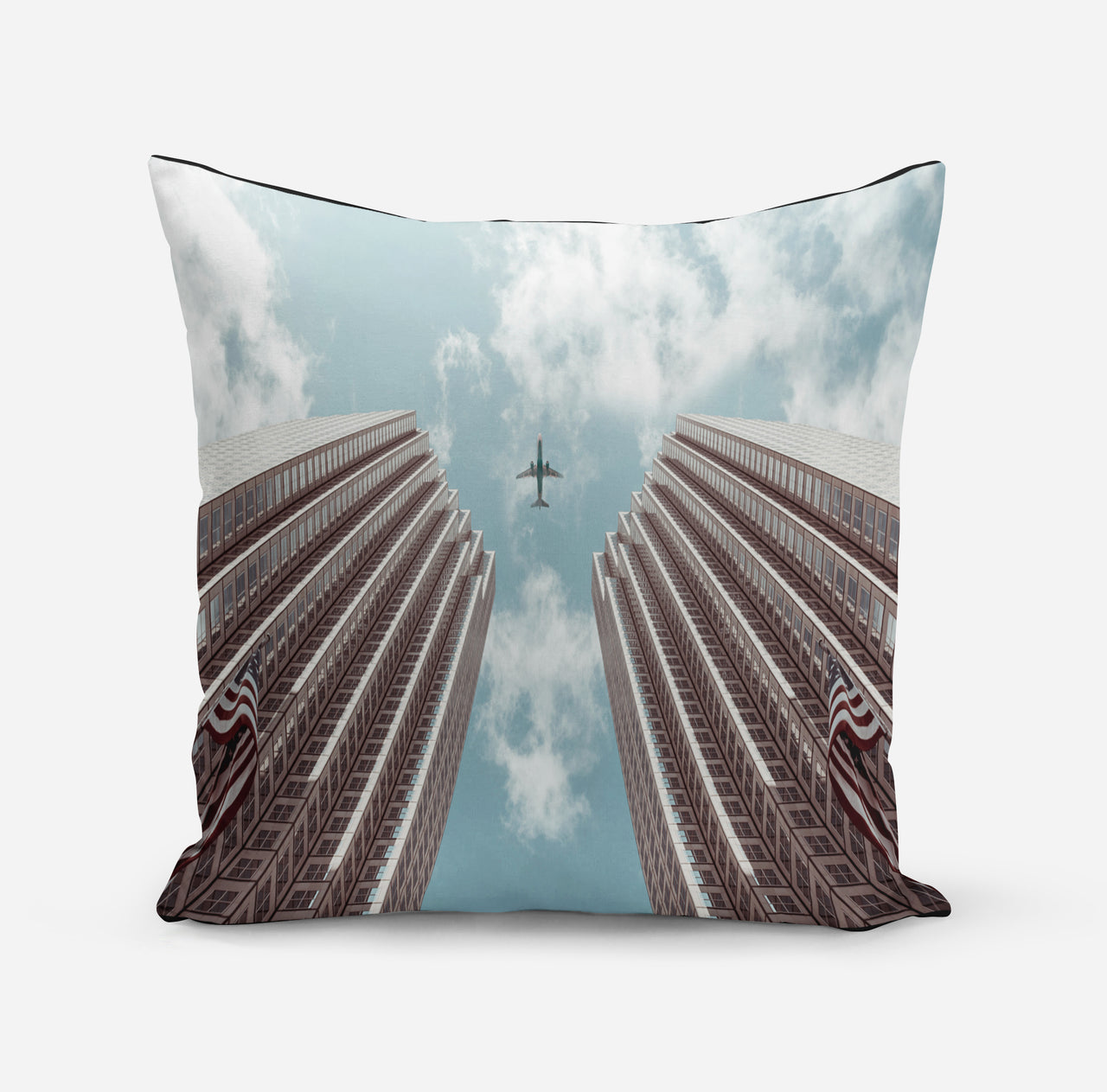 Airplane Flying over Big Buildings Designed Pillows