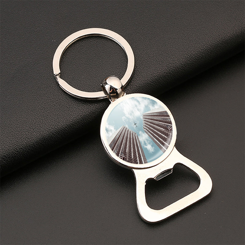 Airplane Flying over Big Buildings Designed Bottle Opener Key Chains