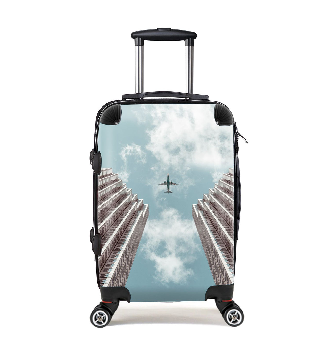 Airplane Flying over Big Buildings Designed Cabin Size Luggages