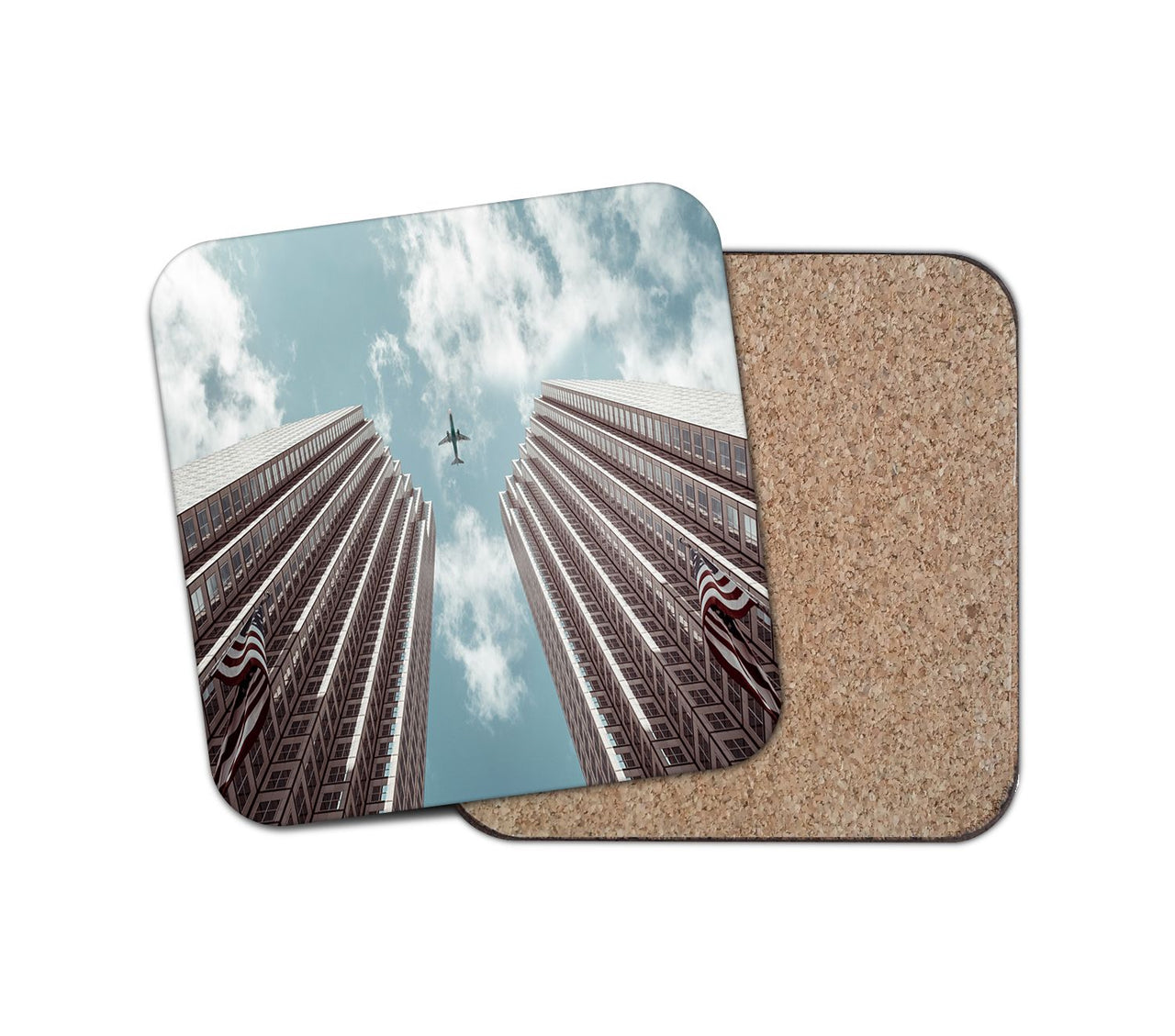 Airplane Flying over Big Buildings Designed Coasters