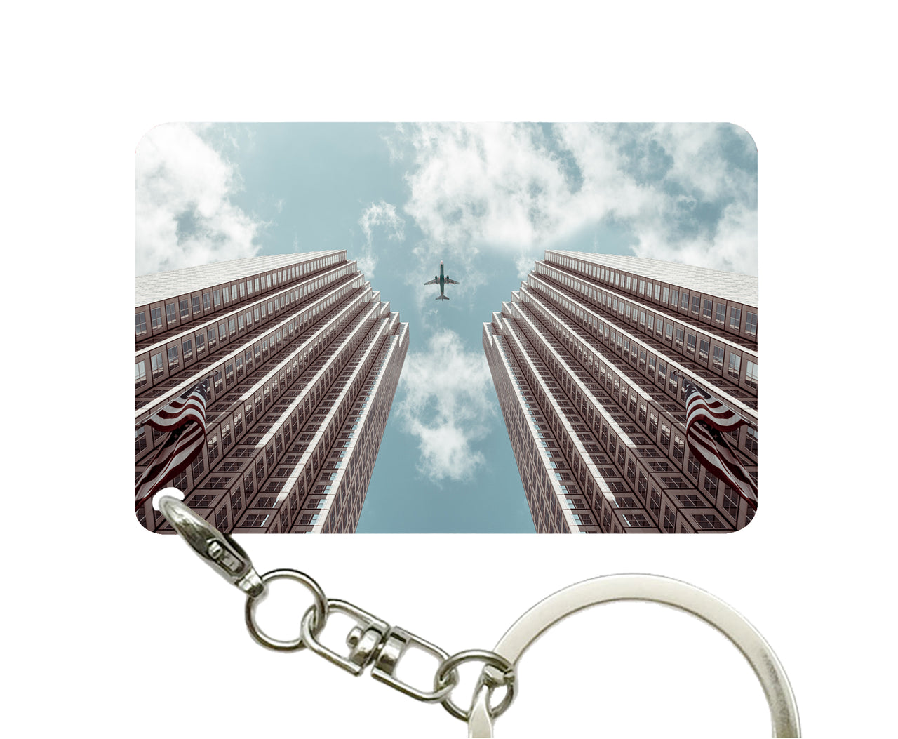 Airplane Flying over Big Buildings Designed Key Chains