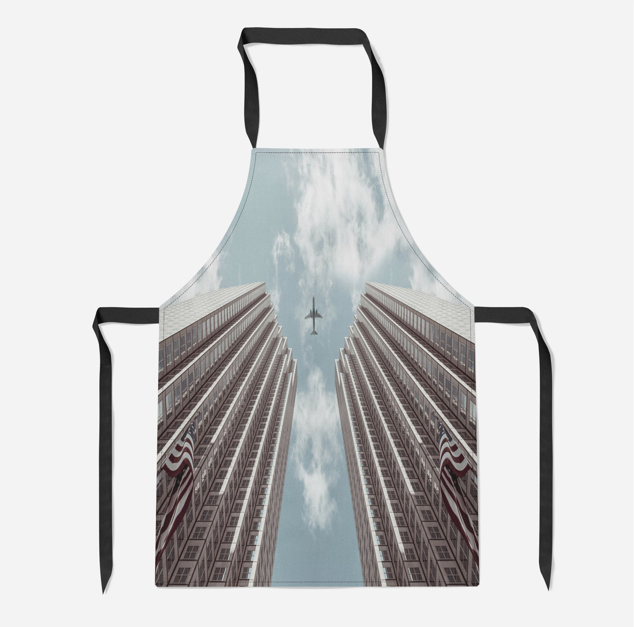 Airplane Flying over Big Buildings Designed Kitchen Aprons