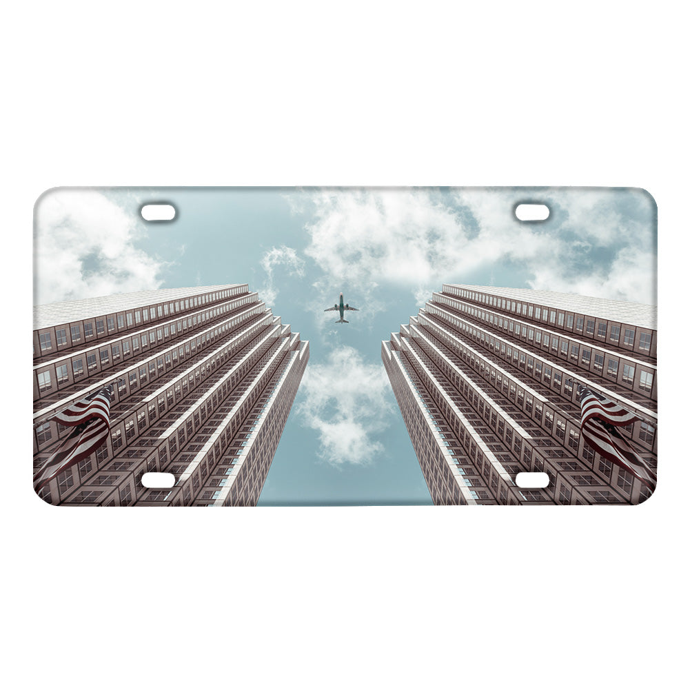Airplane Flying over Big Buildings Designed Metal (License) Plates