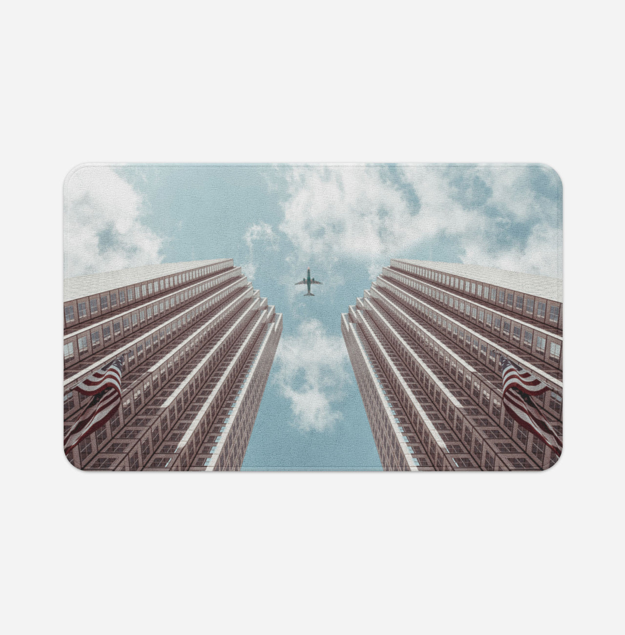 Airplane Flying over Big Buildings Designed Bath Mats