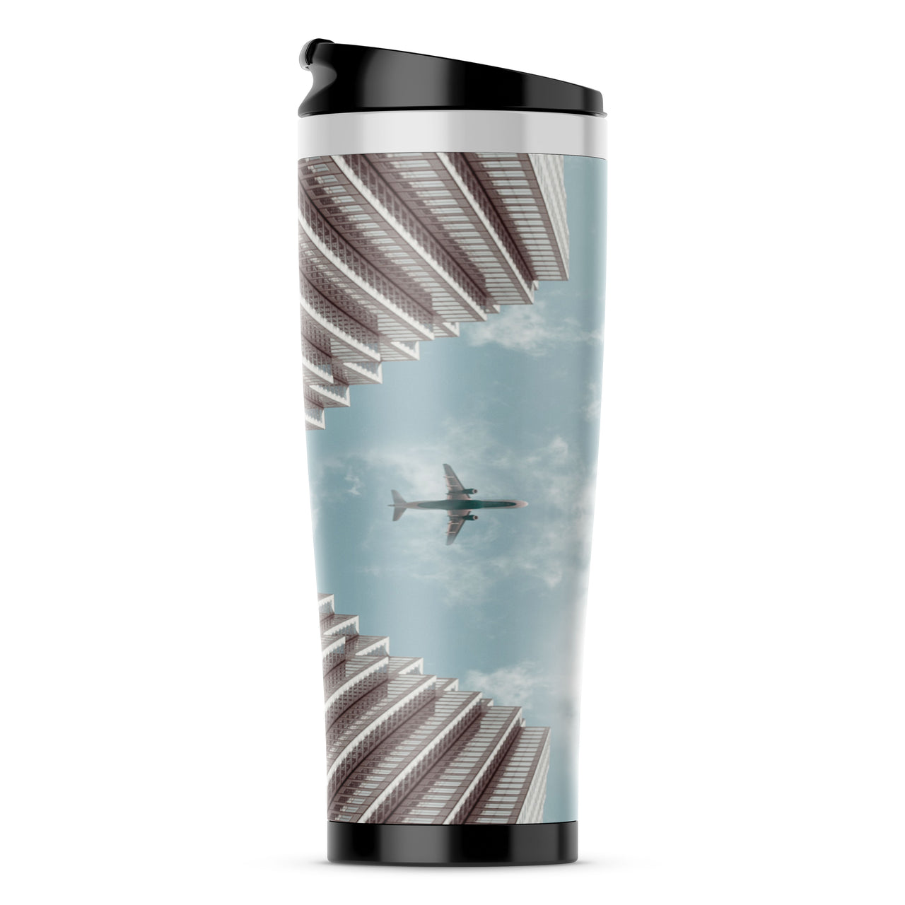 Airplane Flying over Big Buildings Designed Travel Mugs