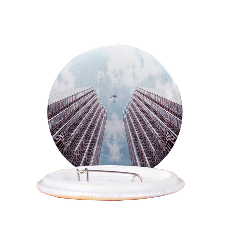 Airplane Flying over Big Buildings Designed Pins