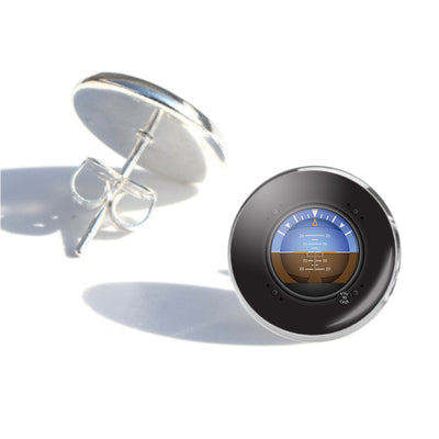 Airplane Instruments-Gyro Horizon aviation-themed stud earrings, polished stainless steel.