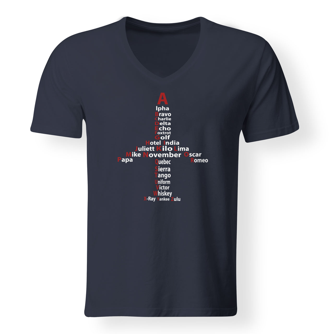 Airplane Shape Aviation Alphabet Designed V-Neck T-Shirts