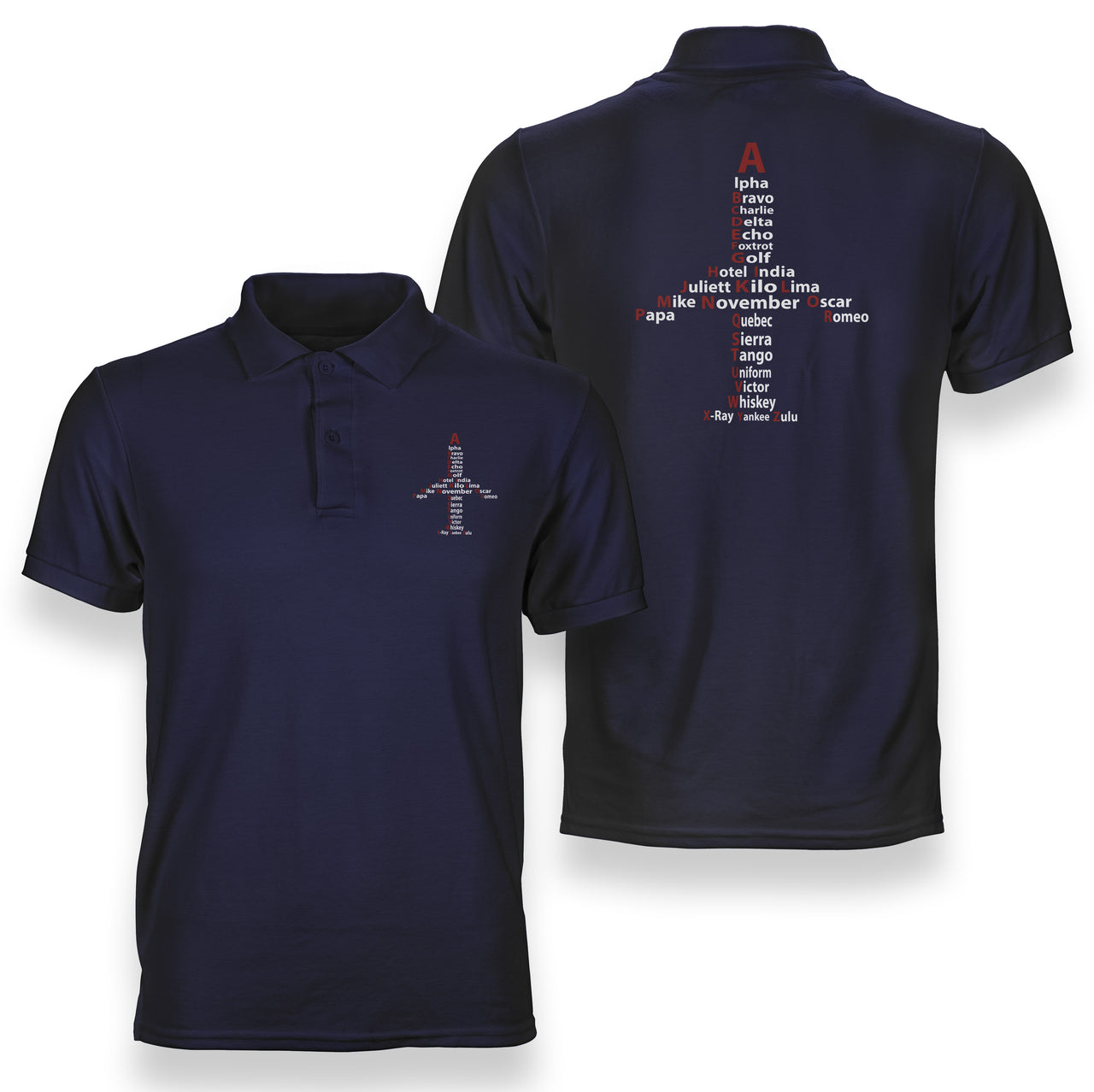 Airplane Shape Aviation Alphabet Designed Double Side Polo T-Shirts