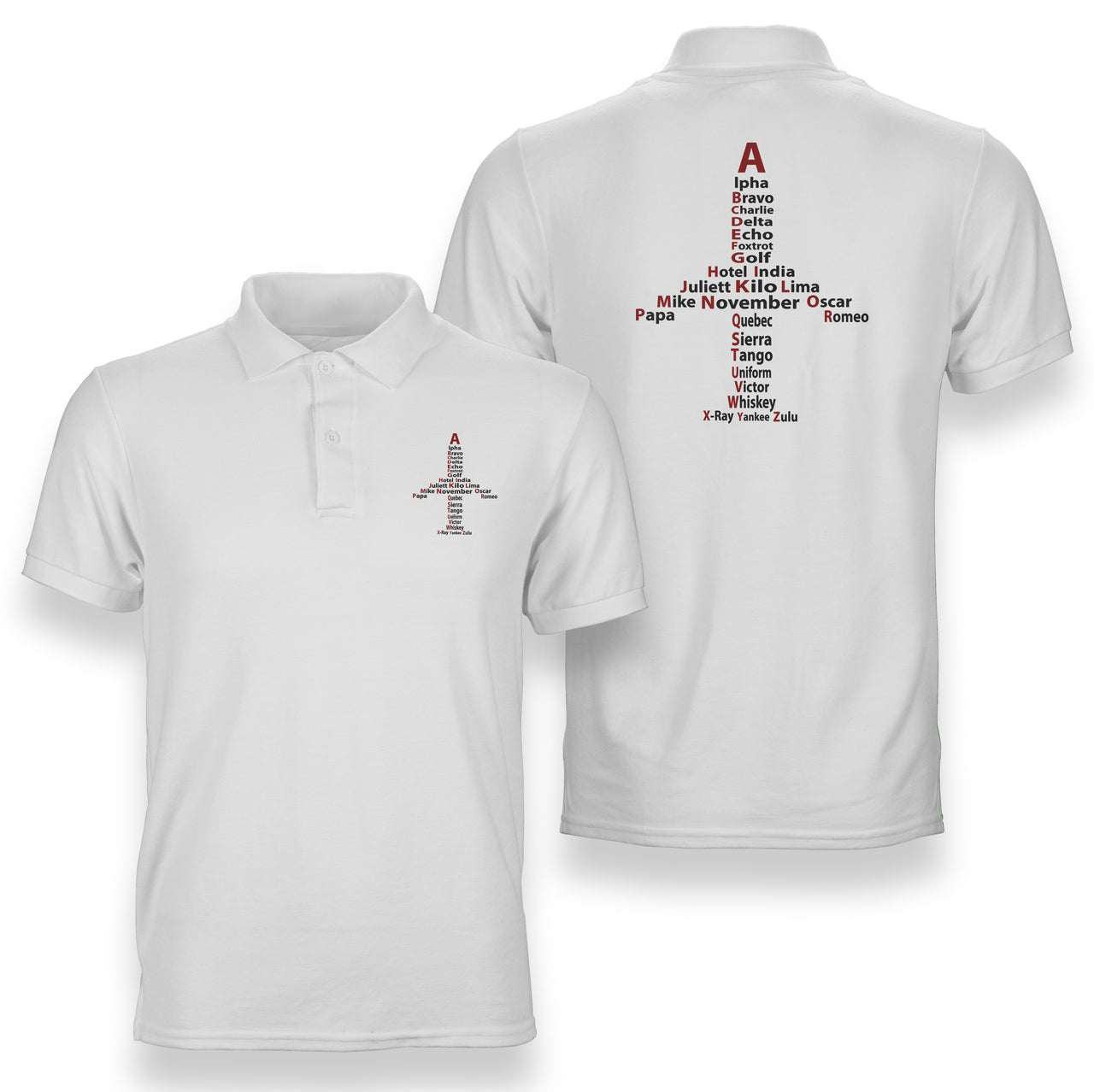 Airplane Shape Aviation Alphabet Designed Double Side Polo T-Shirts