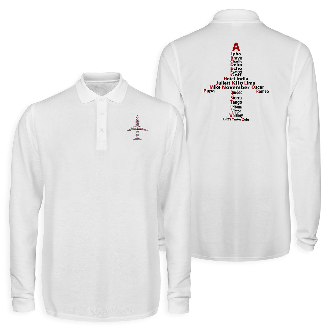 Airplane Shape Aviation Alphabet Designed Long Sleeve Polo T-Shirts (Double-Side)