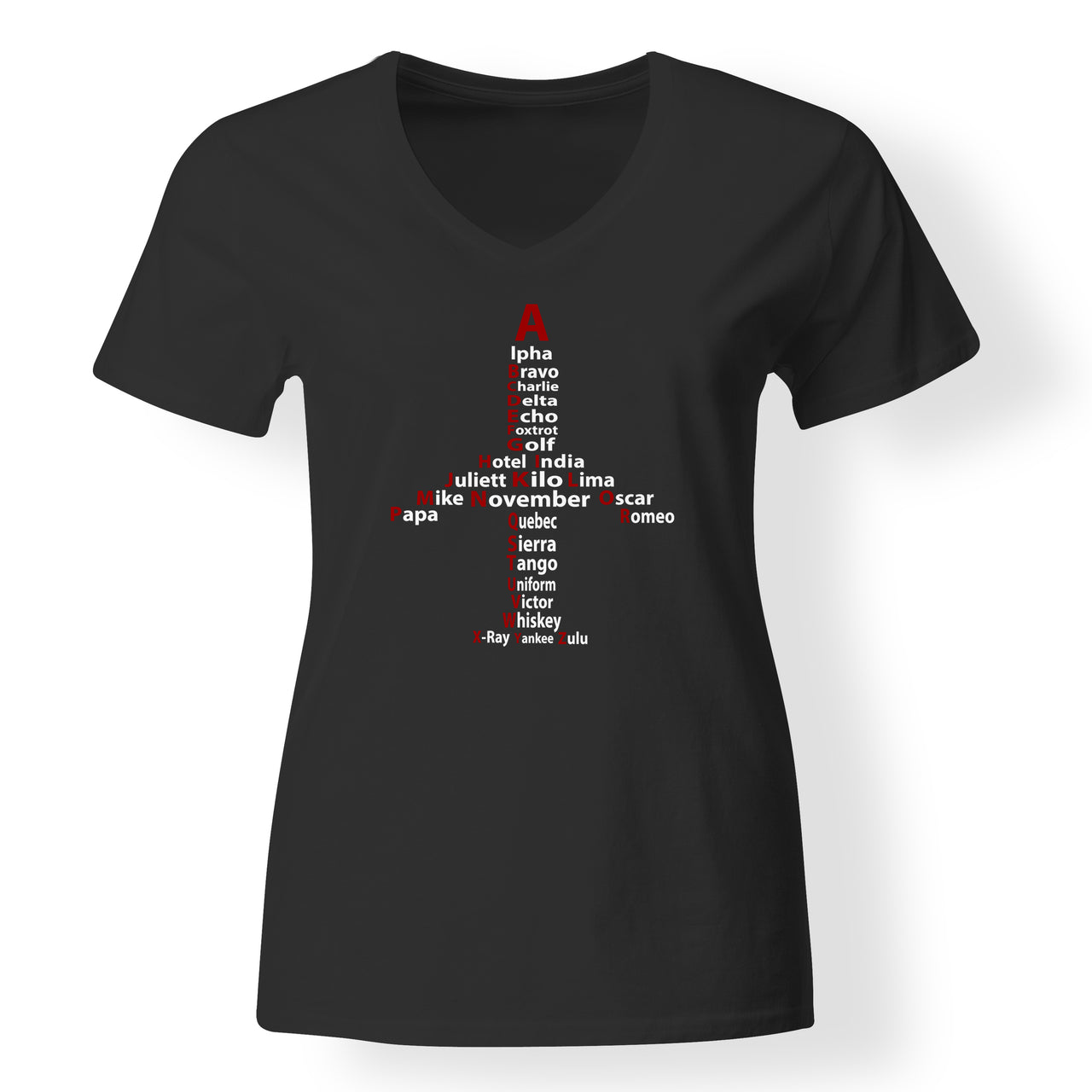 Airplane Shape Aviation Alphabet Designed V-Neck T-Shirts