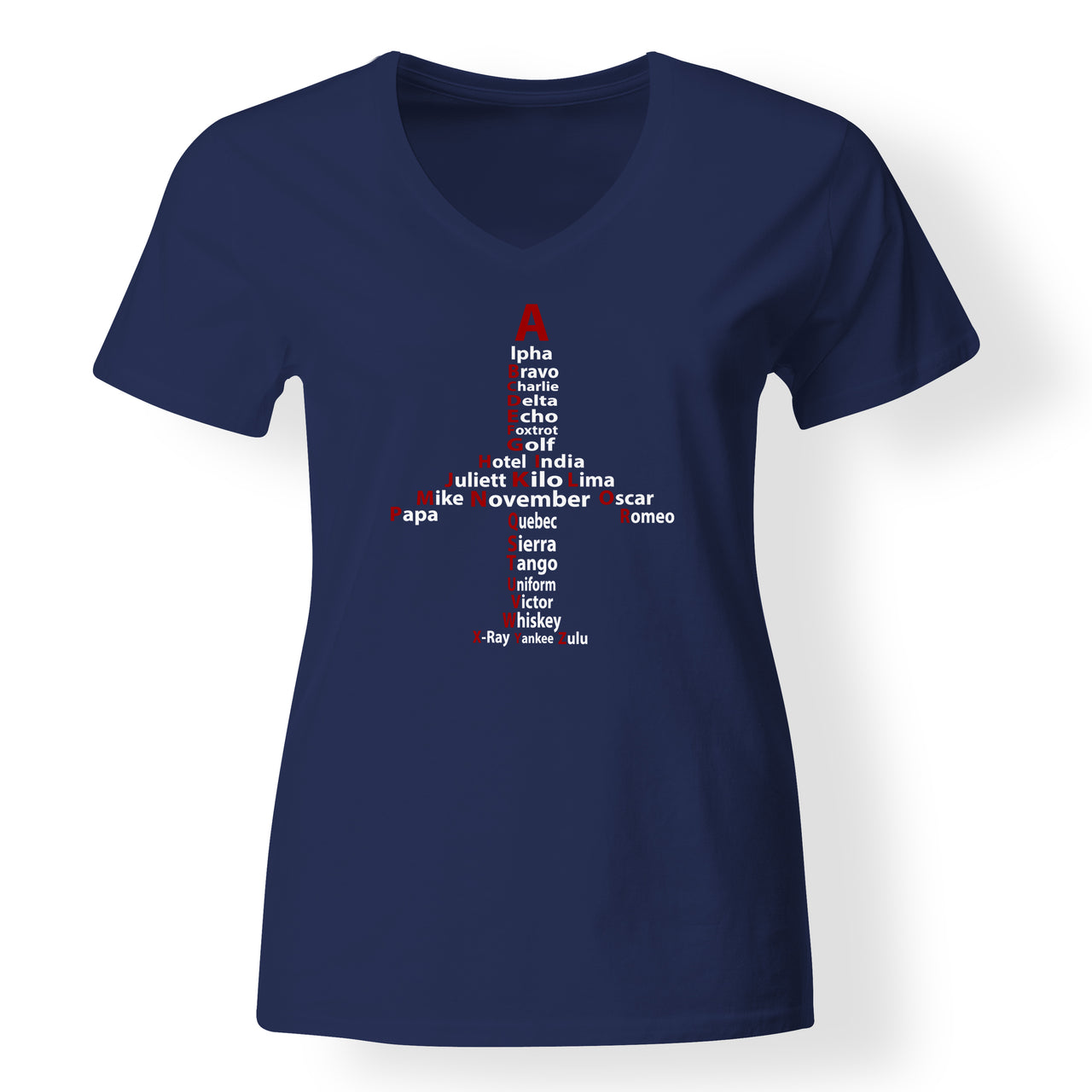 Airplane Shape Aviation Alphabet Designed V-Neck T-Shirts