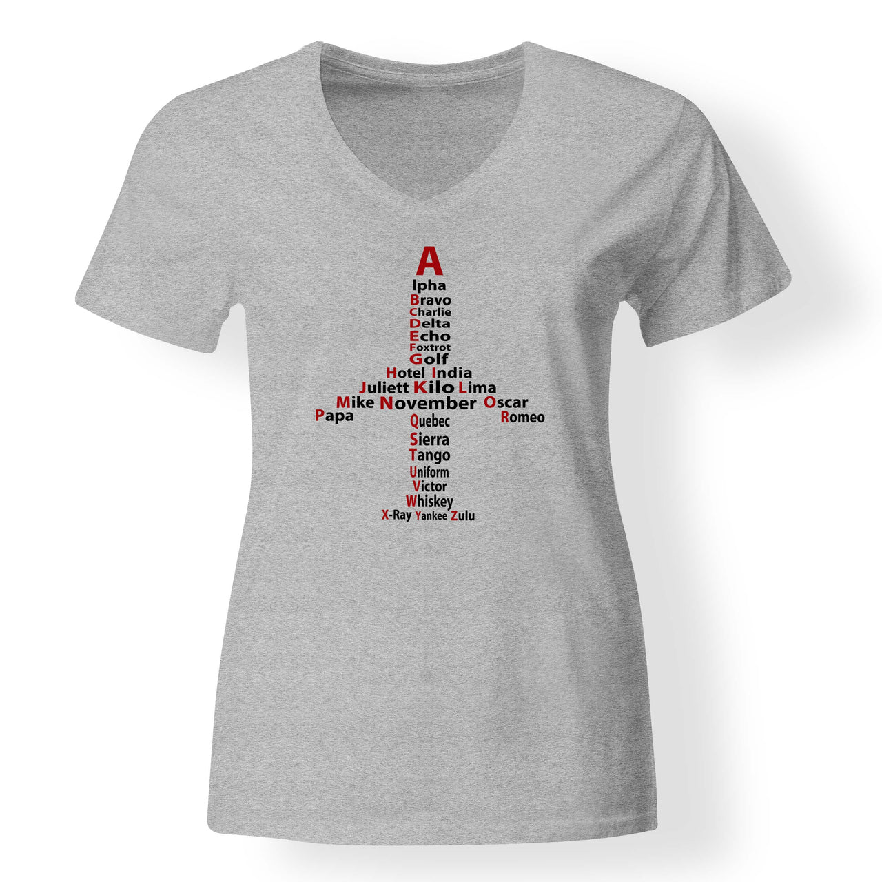 Airplane Shape Aviation Alphabet Designed V-Neck T-Shirts
