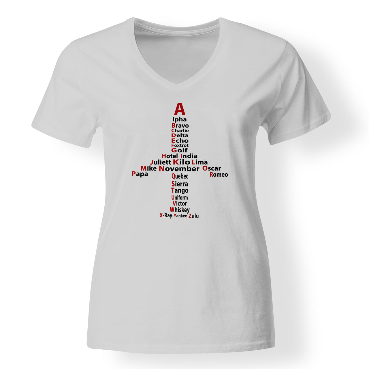 Airplane Shape Aviation Alphabet Designed V-Neck T-Shirts