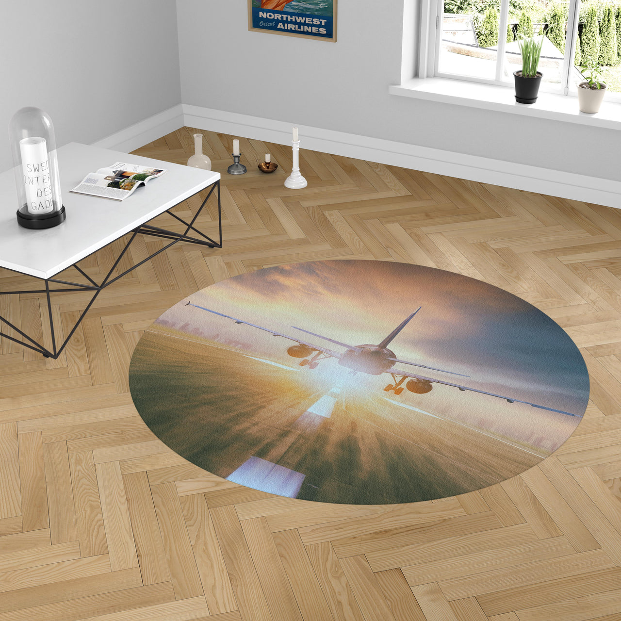 Airplane Flying Over Runway Designed Carpet & Floor Mats (Round)