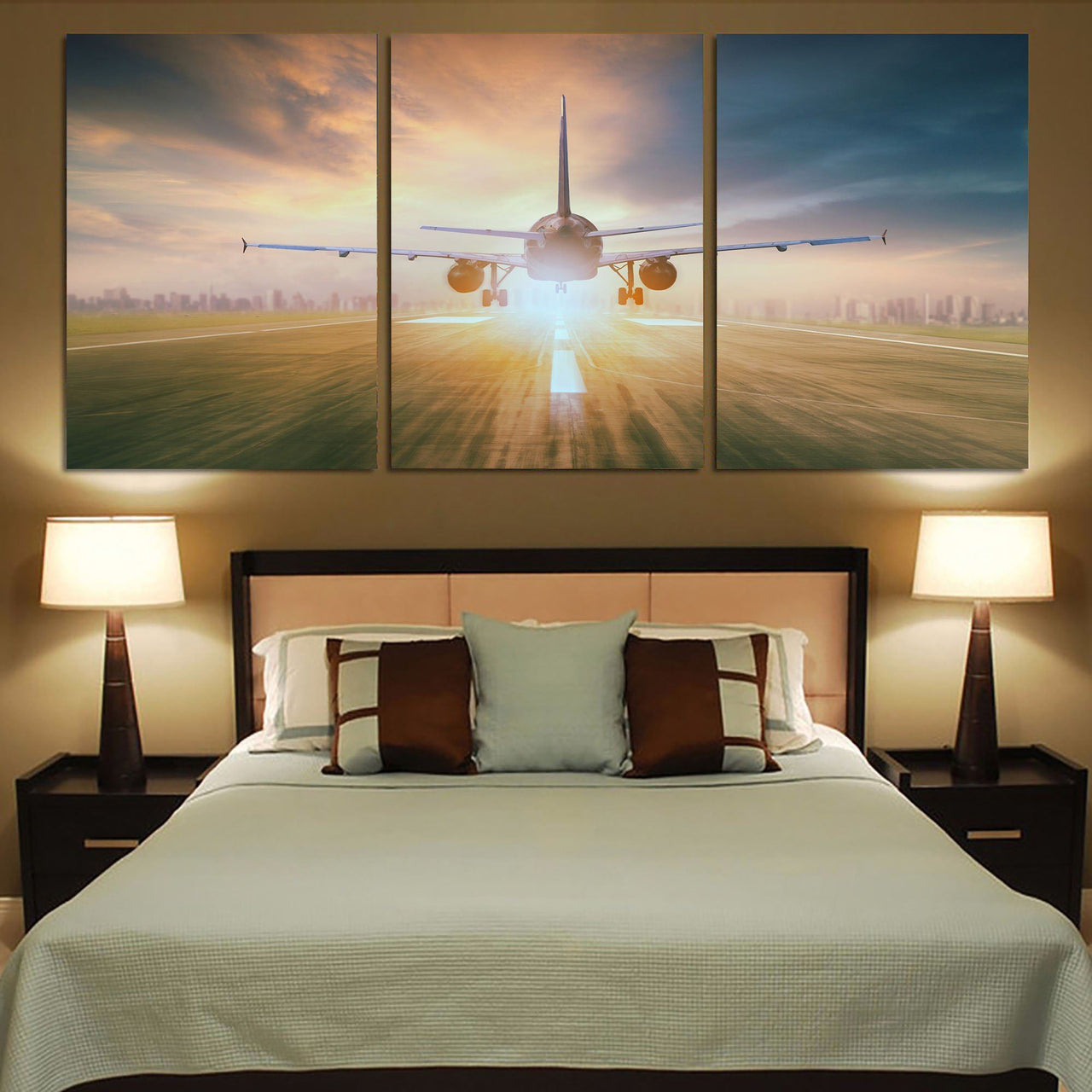 Airplane Flying Over Runway Printed Canvas Posters (3 Pieces) Aviation Shop 