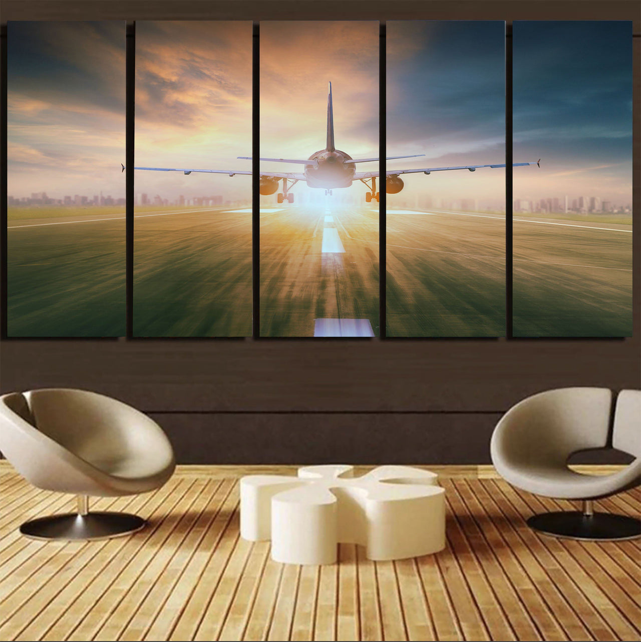 Airplane Flying Over Runway Printed Canvas Prints (5 Pieces) Aviation Shop 