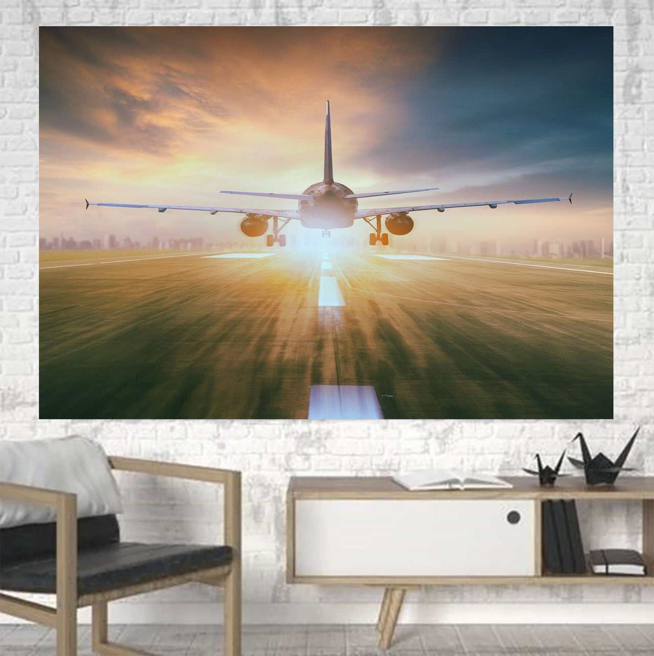 Airplane Flying Over Runway Printed Canvas Posters (1 Piece) Aviation Shop 
