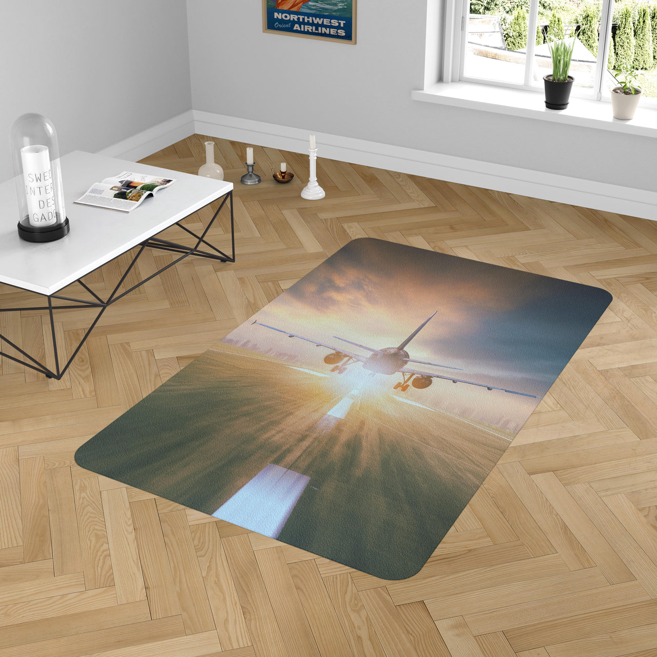 Airplane Flying Over Runway Designed Carpet & Floor Mats