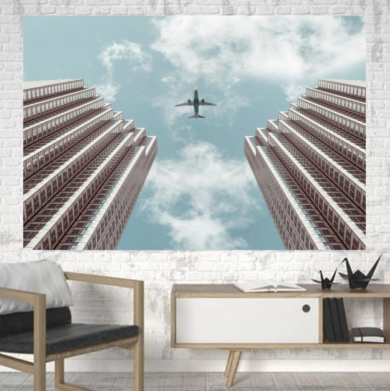 Airplane Flying over Big Buildings Printed Canvas Posters (1 Piece) Aviation Shop 