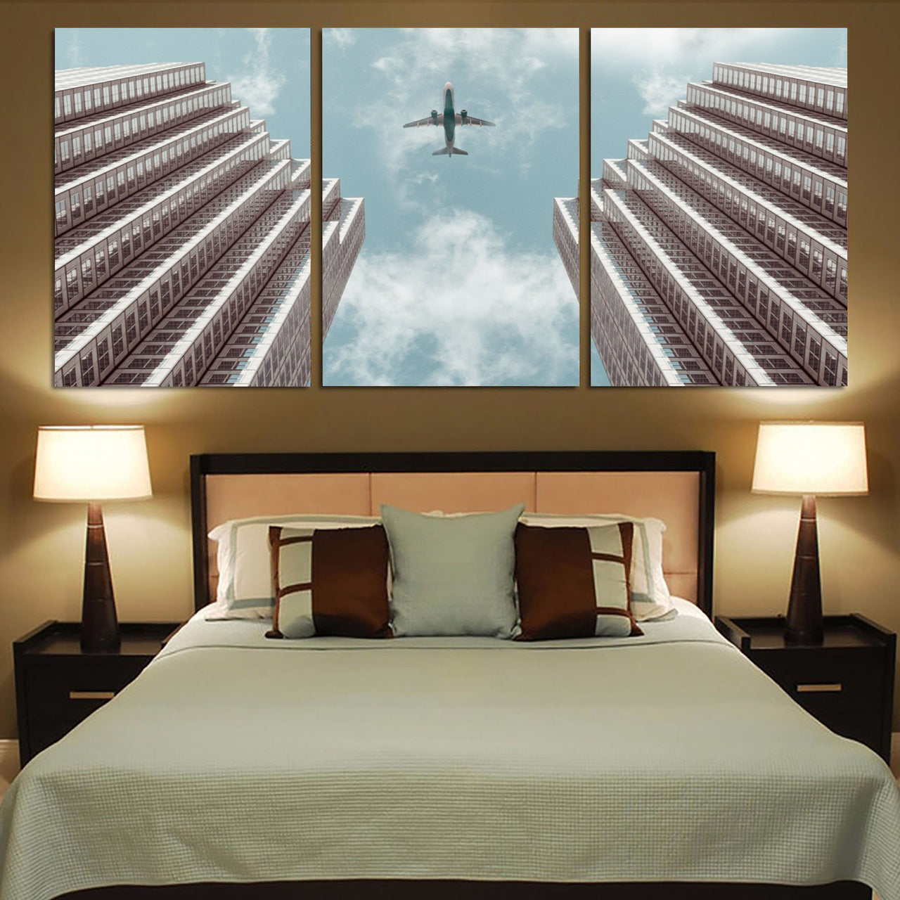 Airplane Flying over Big Buildings Printed Canvas Posters (3 Pieces) Aviation Shop 