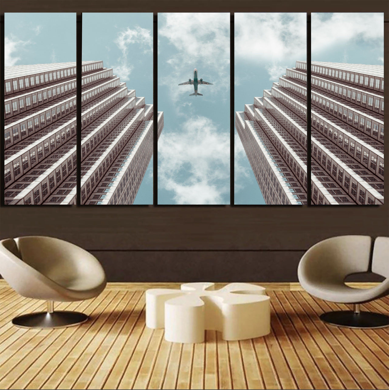 Airplane Flying over Big Buildings PrintedCanvas Prints (5 Pieces) Aviation Shop 