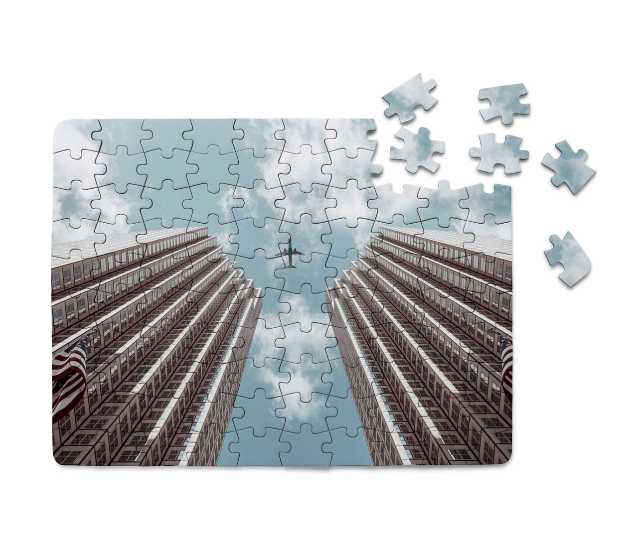 Airplane Flying over Big Buildings Printed Puzzles Aviation Shop 