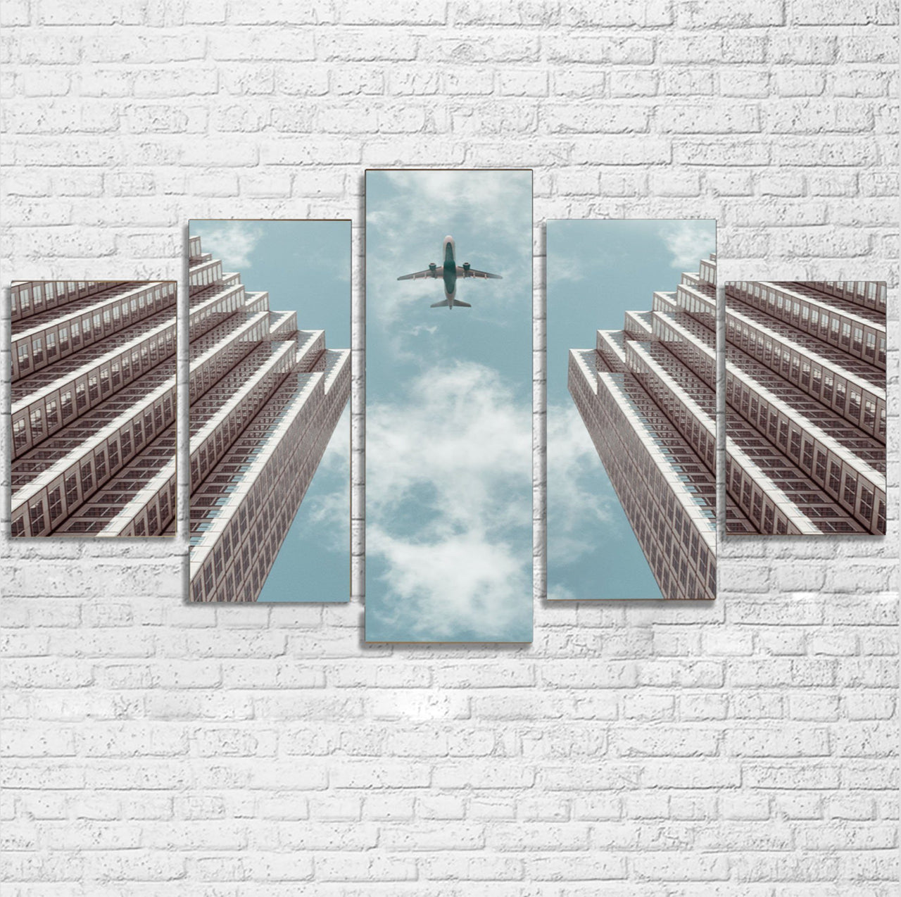 Airplane Flying over Big Buildings Printed Multiple Canvas Poster Aviation Shop 