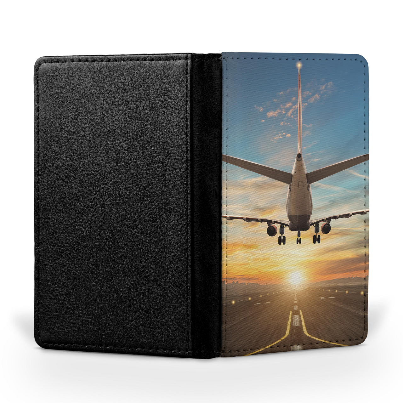 Airplane over Runway Towards the Sunrise Printed Passport & Travel Cases