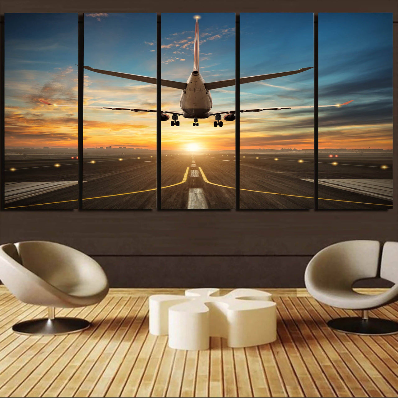 Airplane over Runway Towards the Sunrise Printed Canvas Prints (5 Pieces) Aviation Shop 