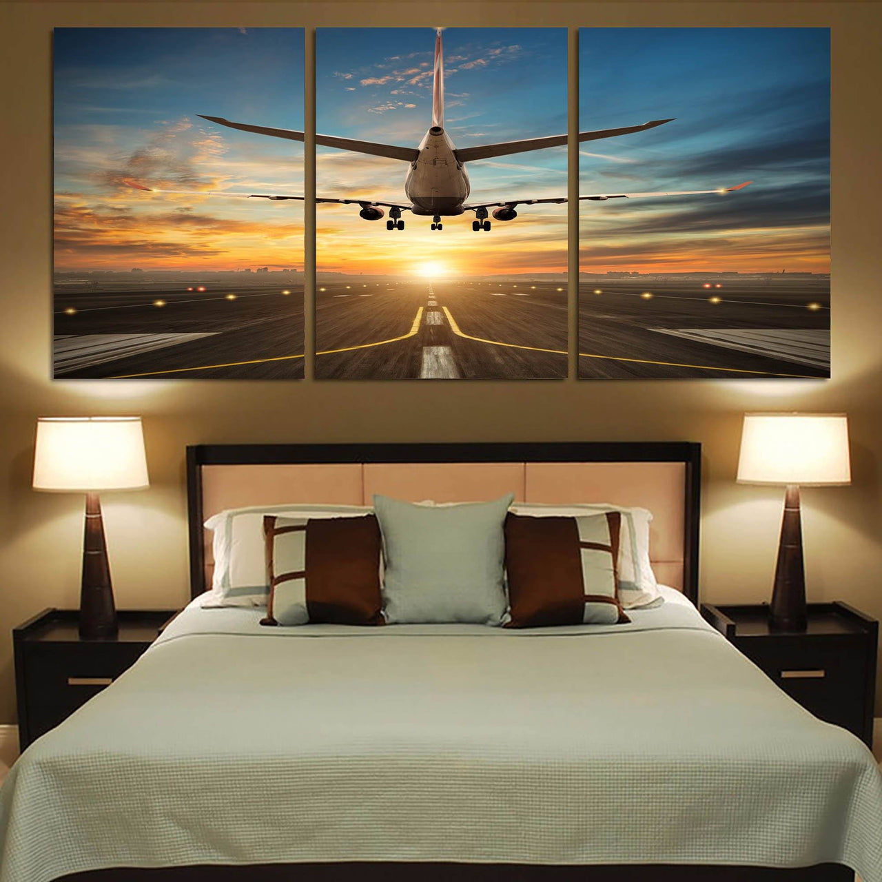 Airplane over Runway Towards the Sunrise Printed Printed Canvas Posters (3 Pieces) Aviation Shop 