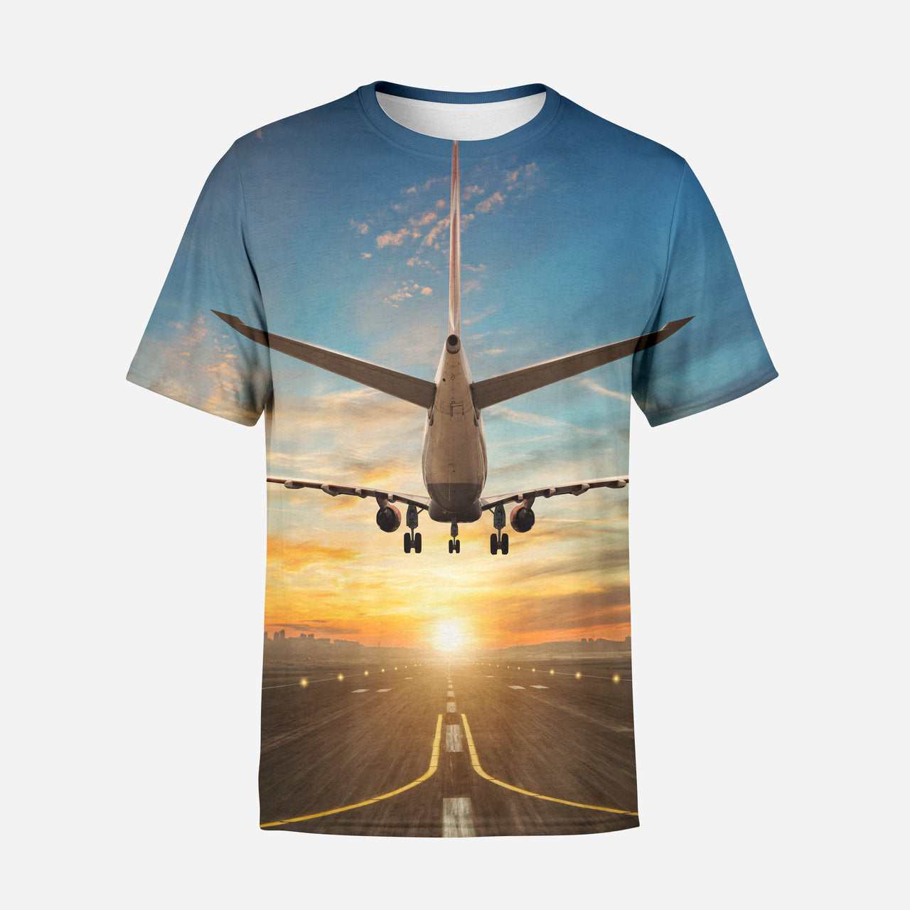Airplane over Runway Towards the Sunrise Printed 3D T-Shirts