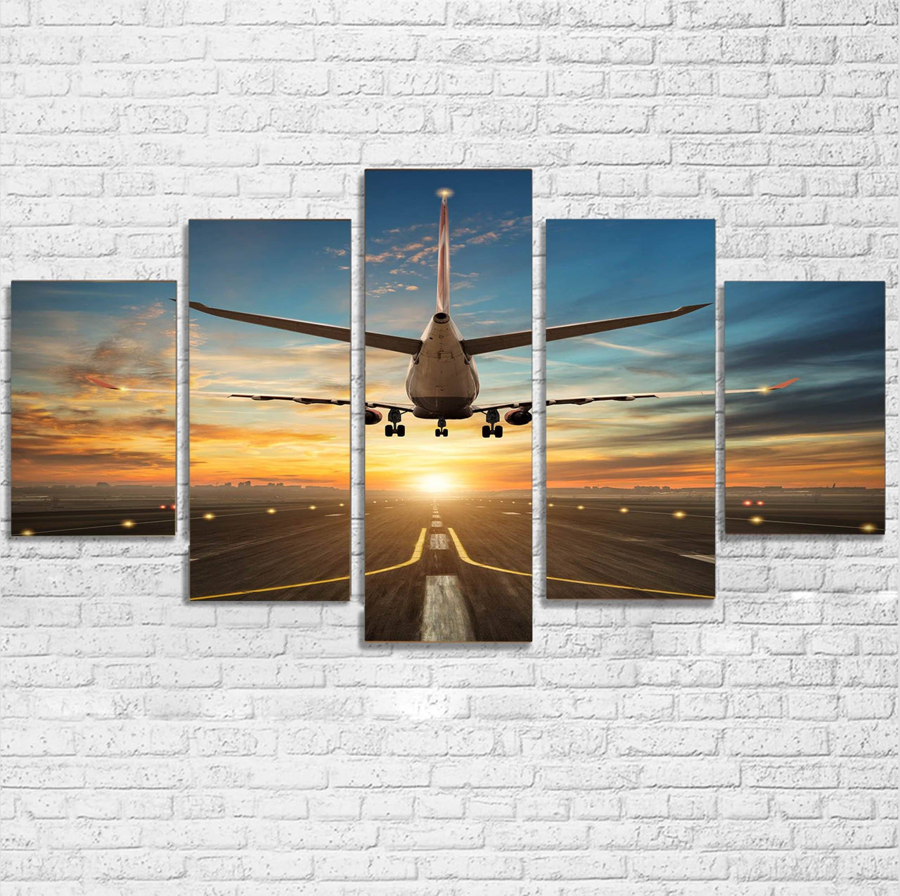Airplane over Runway Towards the Sunrise Printed Multiple Canvas Poster Aviation Shop 