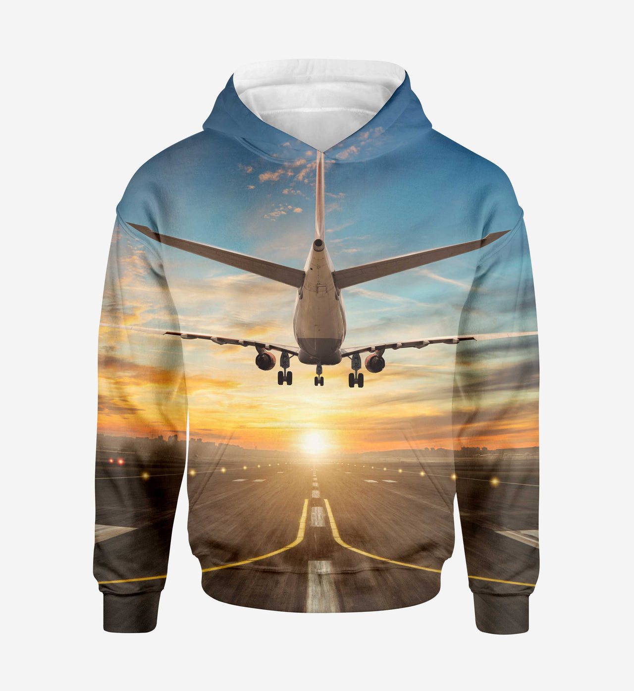 Airplane over Runway Towards the Sunrise Printed 3D Hoodies