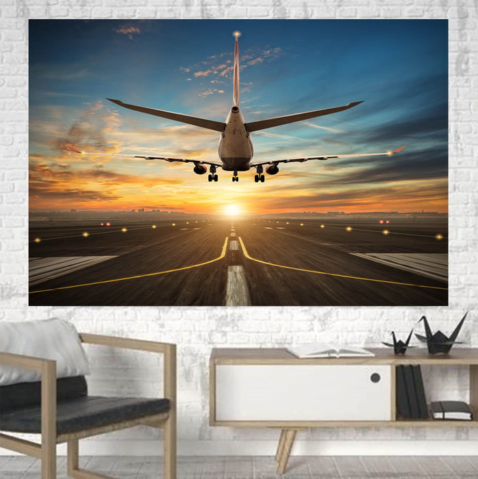 Airplane over Runway Towards the Sunrise Printed Printed Canvas Posters (1 Piece) Aviation Shop 