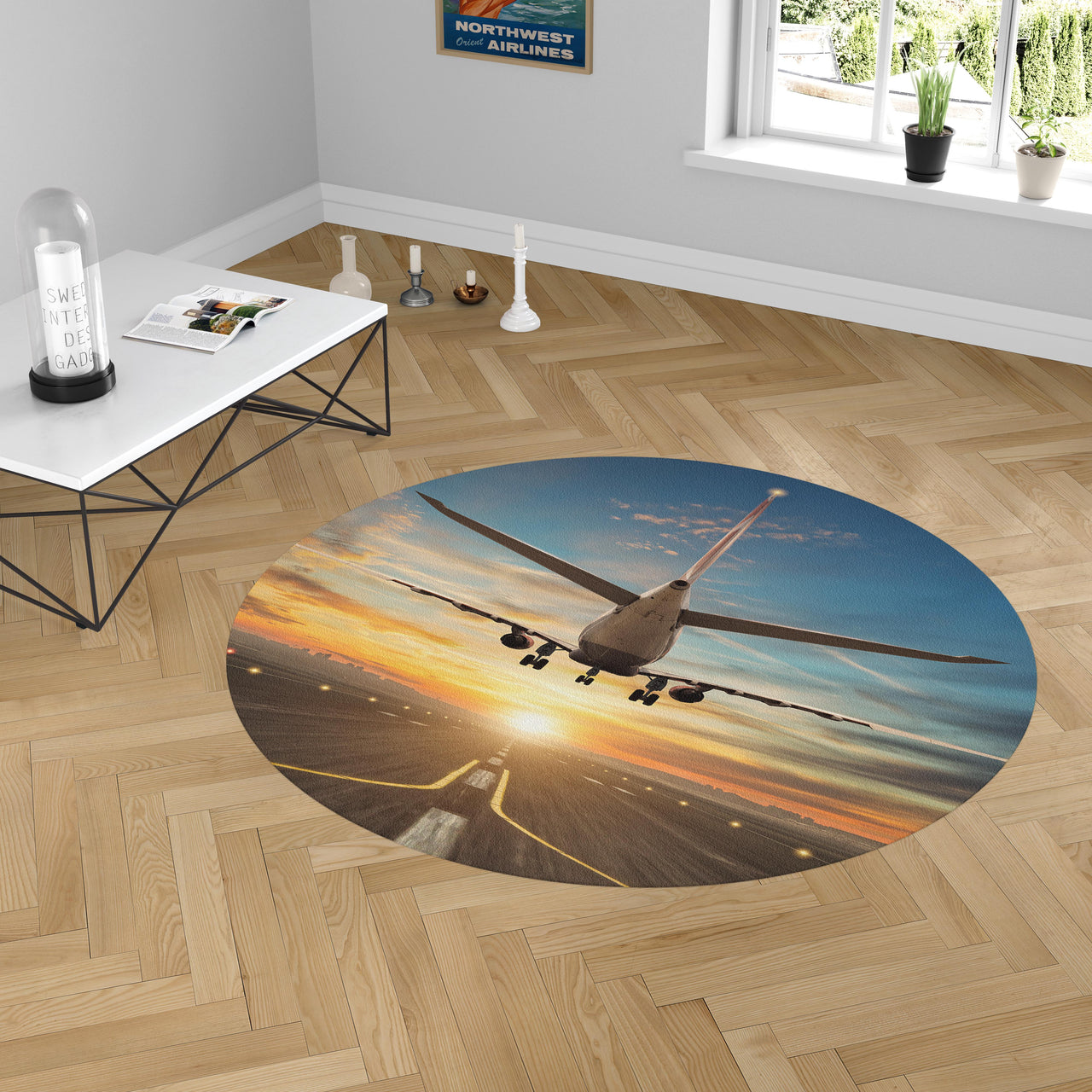 Airplane over Runway Towards the Sunrise Designed Carpet & Floor Mats (Round)