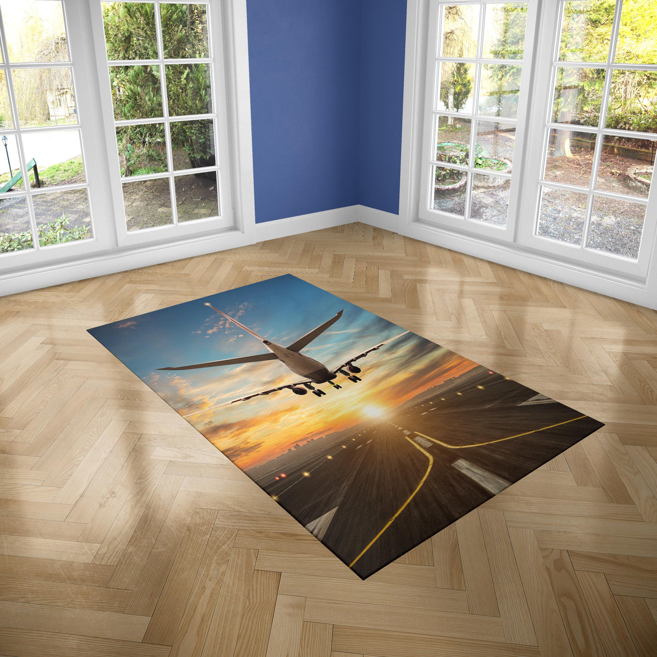 Airplane over Runway Towards the Sunrise Designed Carpet & Floor Mats