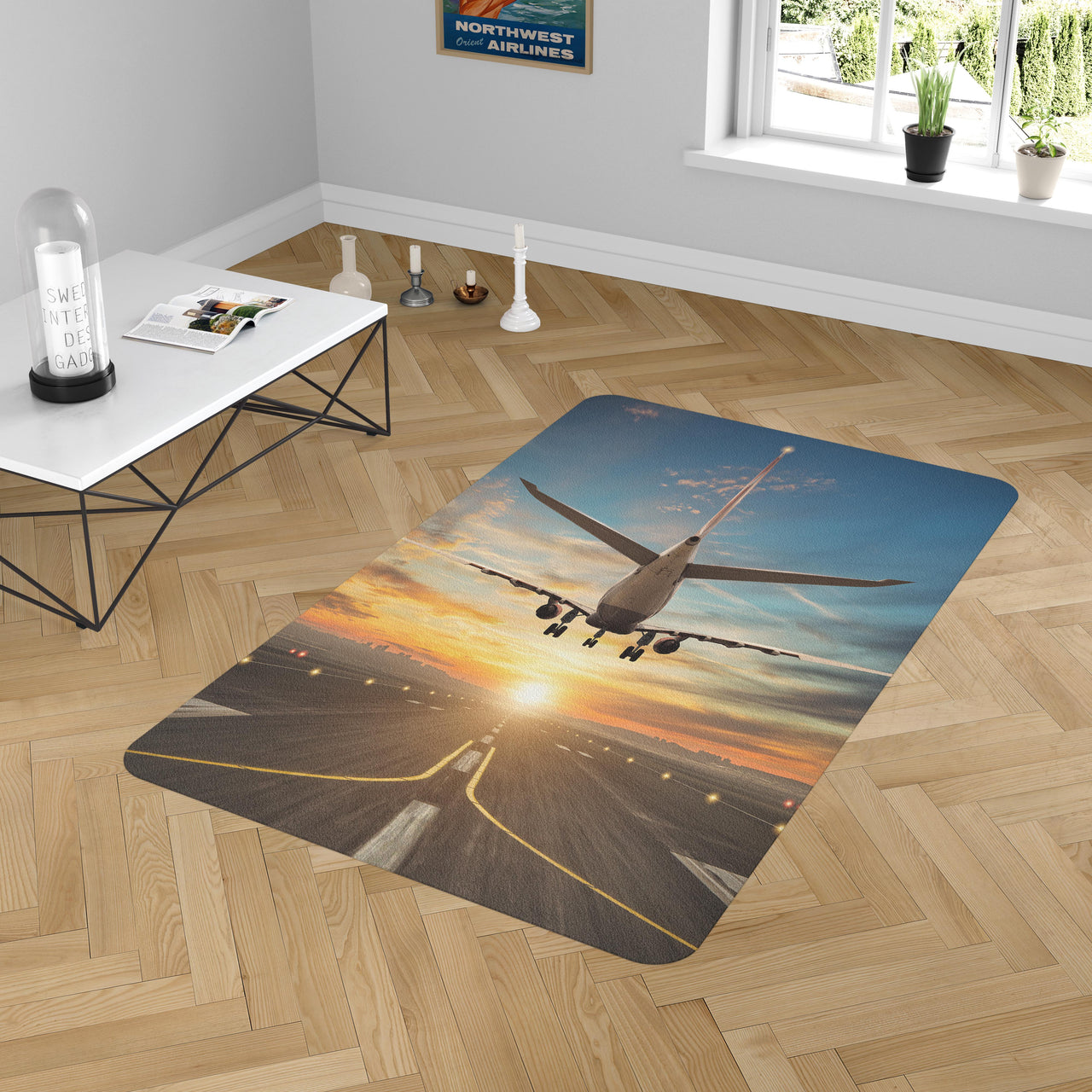 Airplane over Runway Towards the Sunrise Designed Carpet & Floor Mats