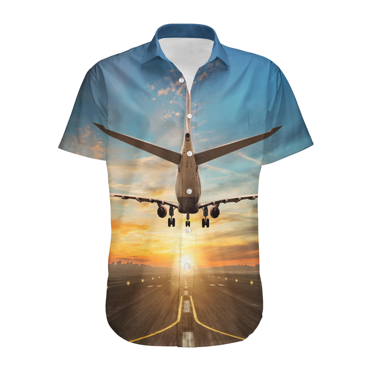 Airplane over Runway Towards the Sunrise Designed 3D Shirts