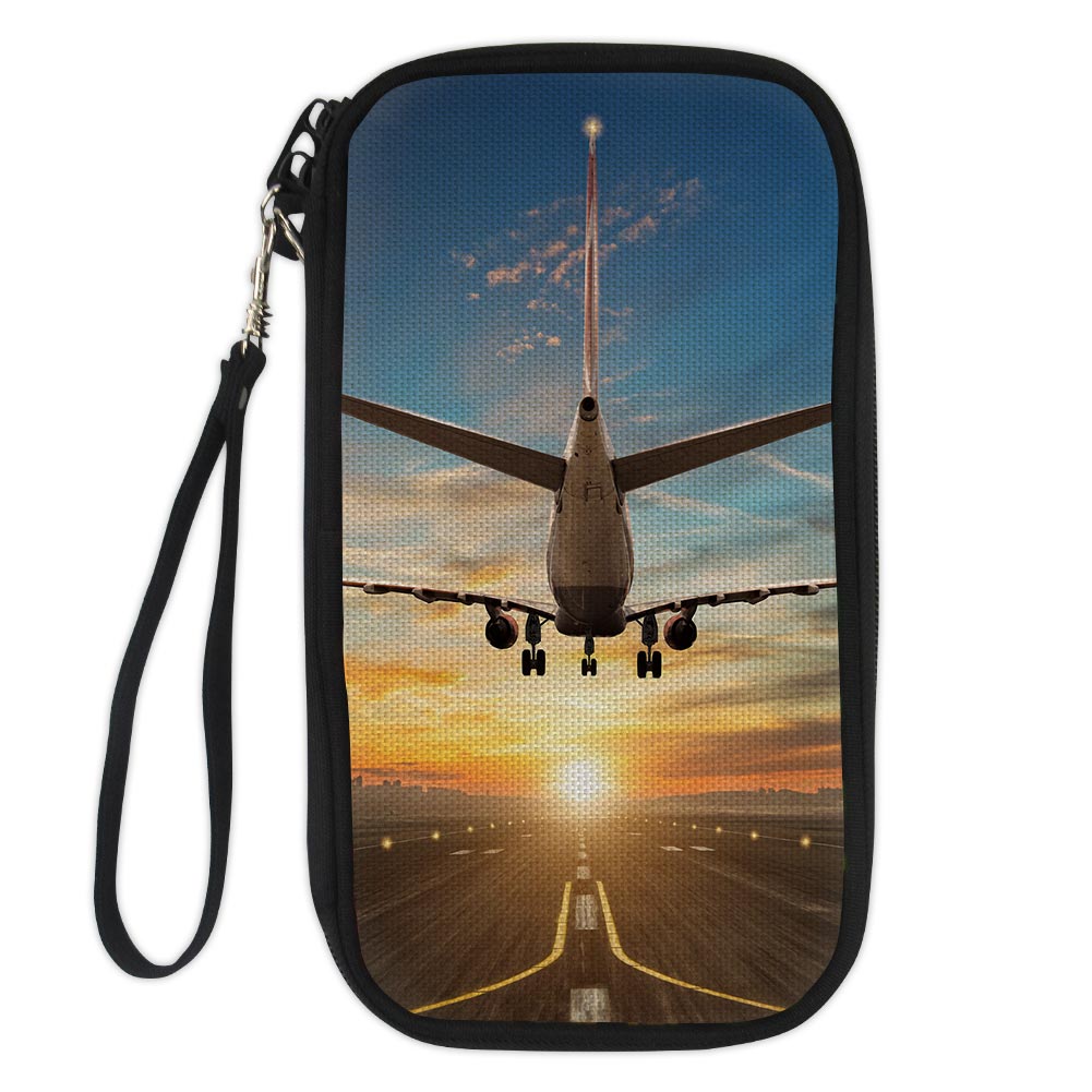 Airplane over Runway Towards the Sunrise-Vertical Designed Travel Cases & Wallets
