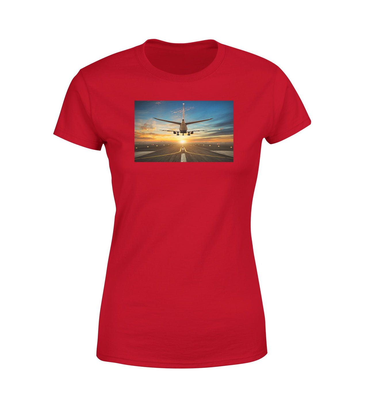 Airplane over Runway Towards the Sunrise Designed Women T-Shirts