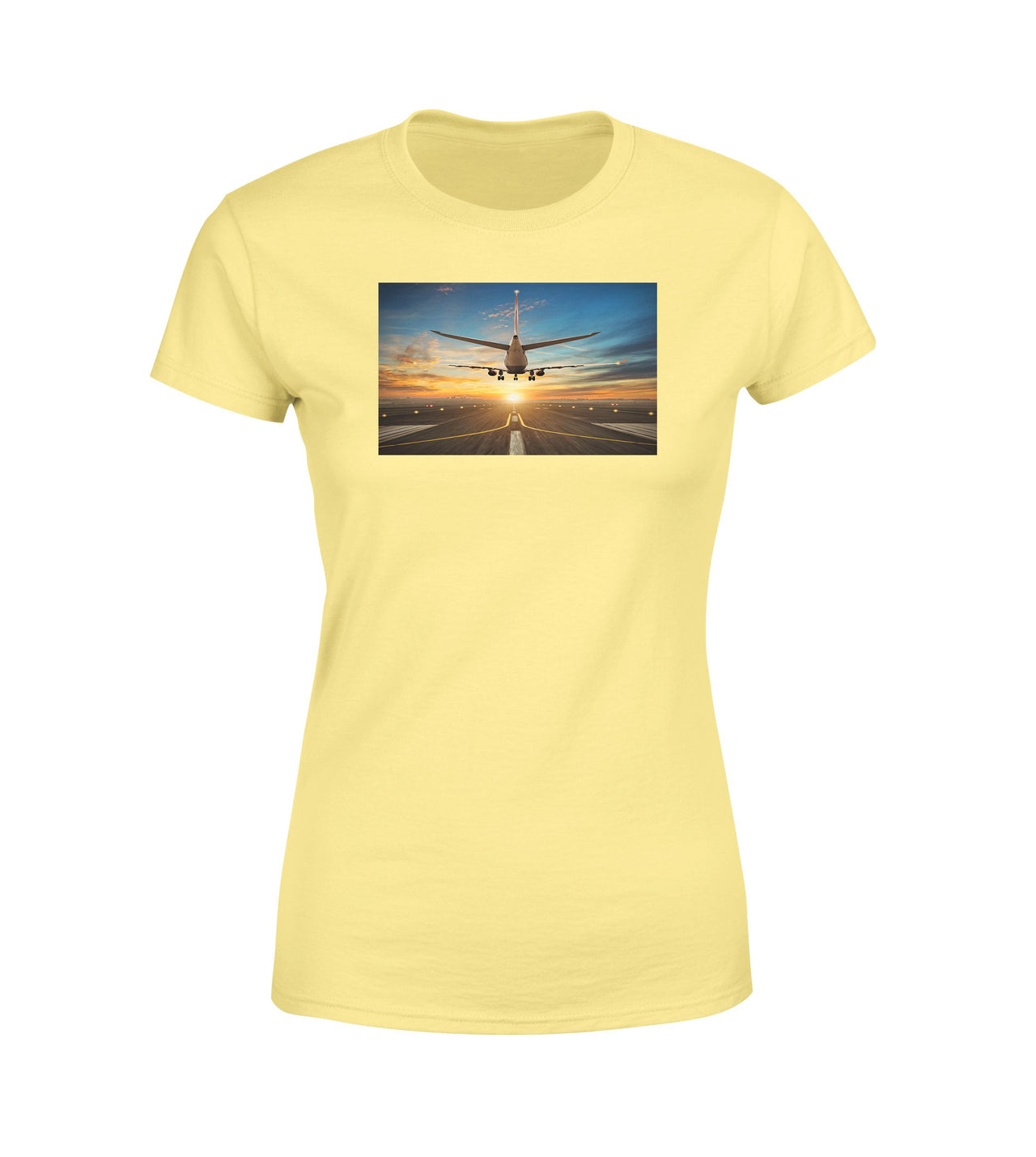 Airplane over Runway Towards the Sunrise Designed Women T-Shirts